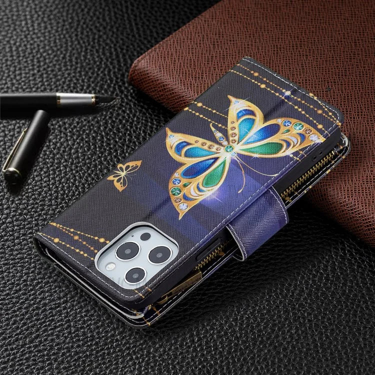 BF03 Stylish Pattern Printing 360° Protection Leather Stand Phone Cover with Wrist Strap and Zippered Wallet for iPhone 13 Pro Max 6.7 inch