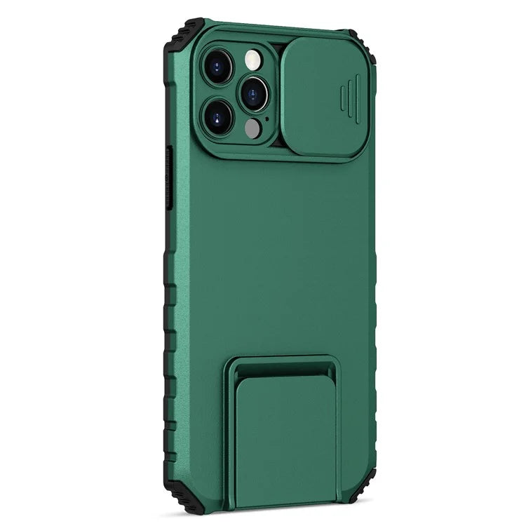 Adjustable Vertical Kickstand Phone Case for iPhone 12 Pro 6.1 inch, TPU + PC Camera Slide Cover Protective Shellish Green