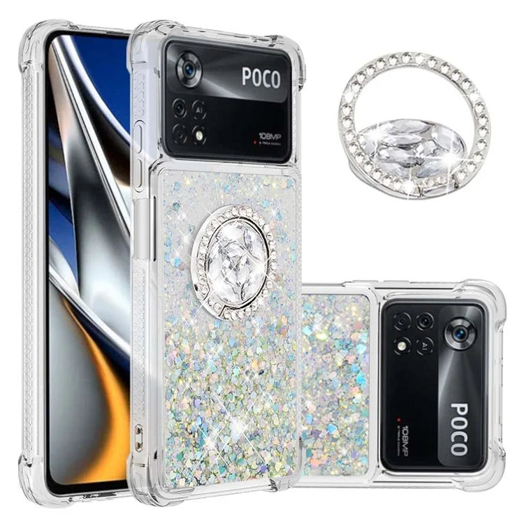 YB Quicksand Series-7 for Xiaomi Poco X4 Pro 5G Moving Glitter Liquid Quicksand TPU Phone Case Shell with Ring Holder Kickstand