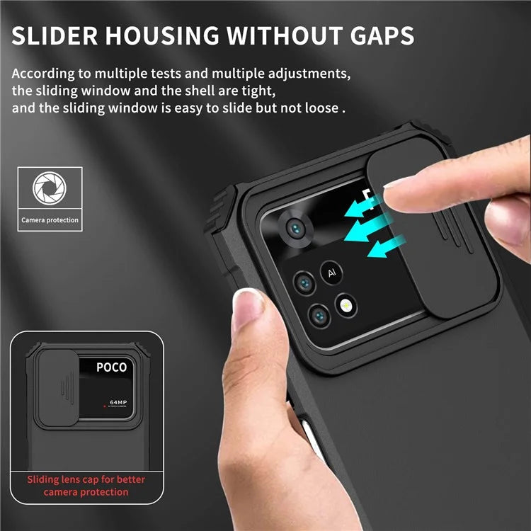 For Xiaomi Poco M4 Pro 4G Drop-proof Hands-free Kickstand Protective Phone Case PC + TPU Cover with Sliding Camera Protection