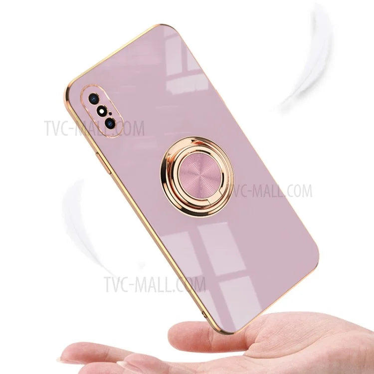 6D Electroplating Soft TPU Shockproof Protective Case with Metal Finger Ring Holder Kickstand for iPhone X / iPhone XS 5.8 inch