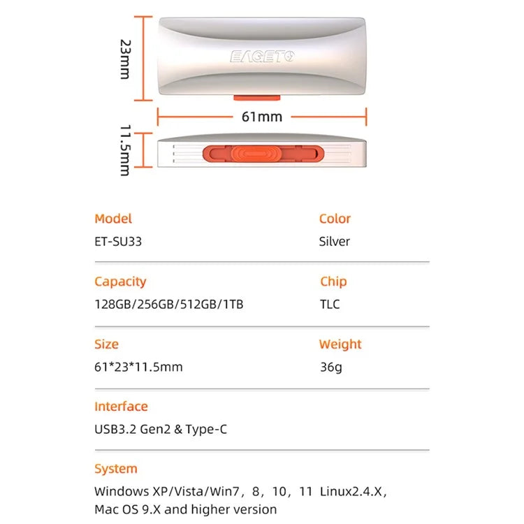 EAGET SU33 1TB 2-in-1 USB3.2 Gen2 / Type-C U-Disk 550Mb / s Read Speed Zinc Alloy Flash Disk