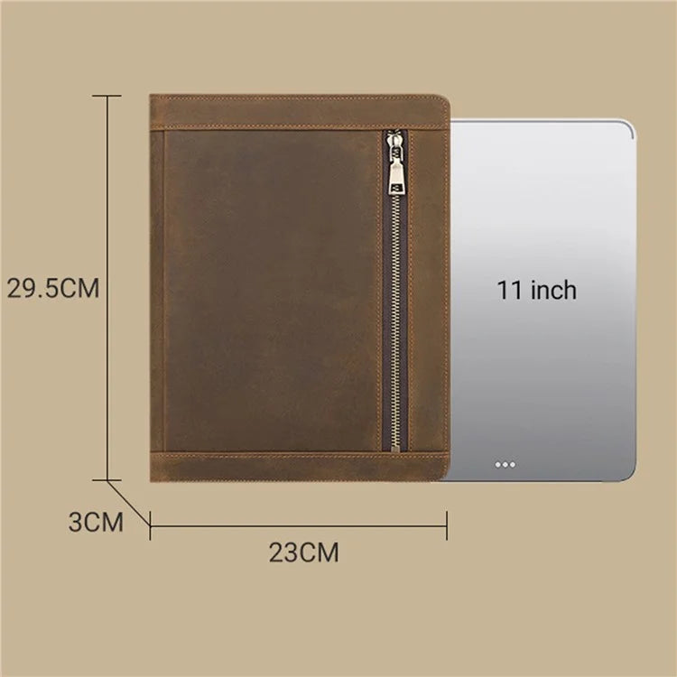 A0014 11-inch Tablet Sleeve Pouch Retro First Layer Cowhide Tablet Zipper Protective Bag