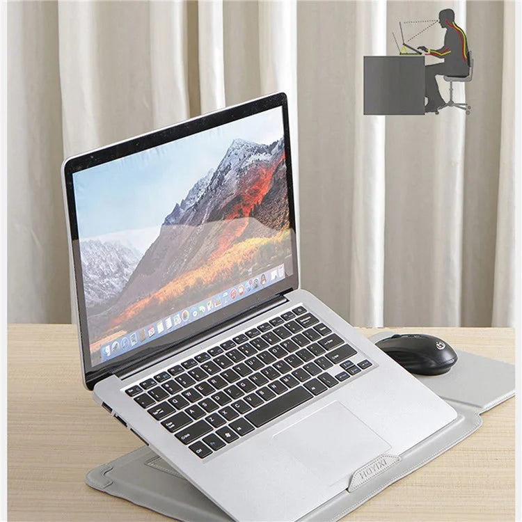 15-16 inch Laptop Sleeve Case PU Leather Ultra Thin Carrying Bag with Folding Standish Green