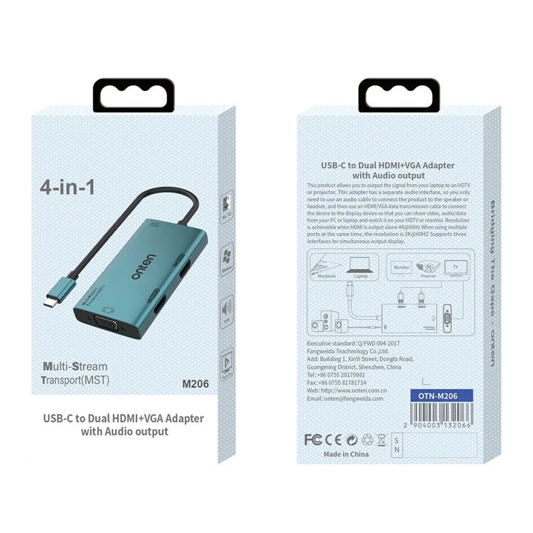 ONTEN M206 4-in-1 USB-C Hub Adapter Type-C to Dual HD+VGA+3.5mm Video Converter Support 4K / 60Hz