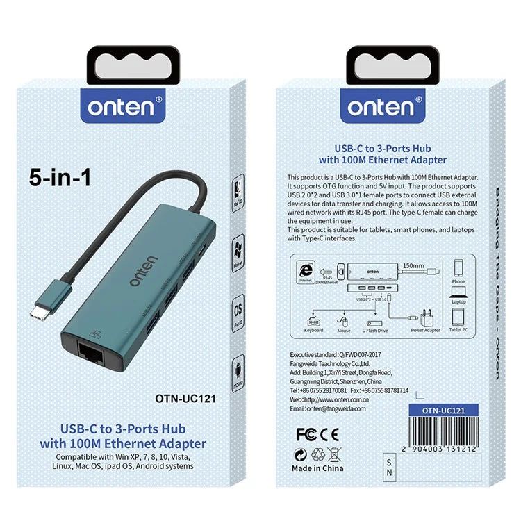 ONTEN UC121 5-in-1 USB Hub Type-C to USB3.0 + 2xUSB2.0 + Type-C Input + RJ45 100Mbps Network Adapter
