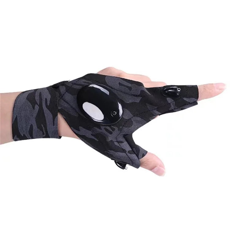 1Pc Camouflage Outdoor Night Fishing Cycling Fingerless Glove with LED Flashlight