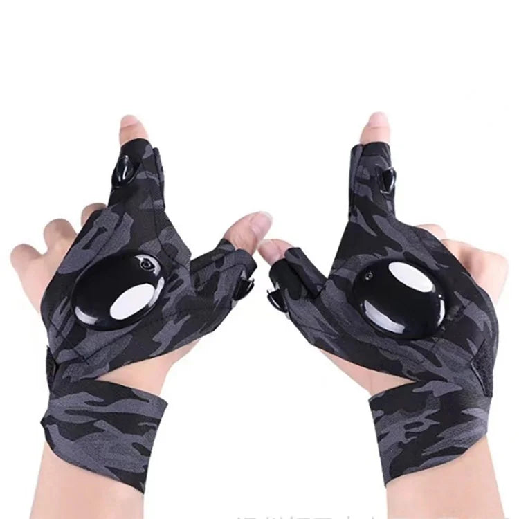 LED Flashlight Gloves for Fishing, Camping, Night Running, Cycling (Powered By Button Battery)