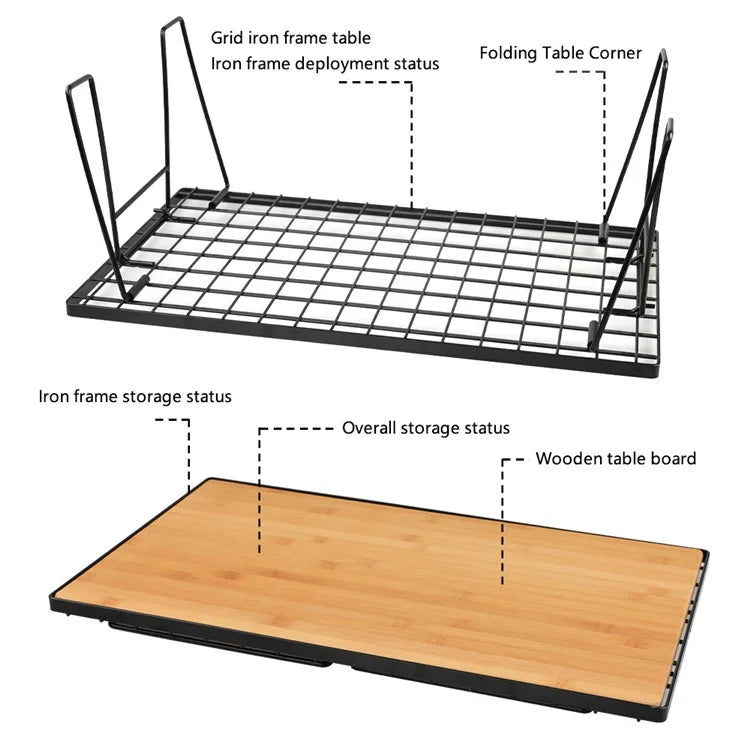 HALIN Outdoor Camping Folding Net Table Bamboo Board Desk with Iron Frame for Barbecue