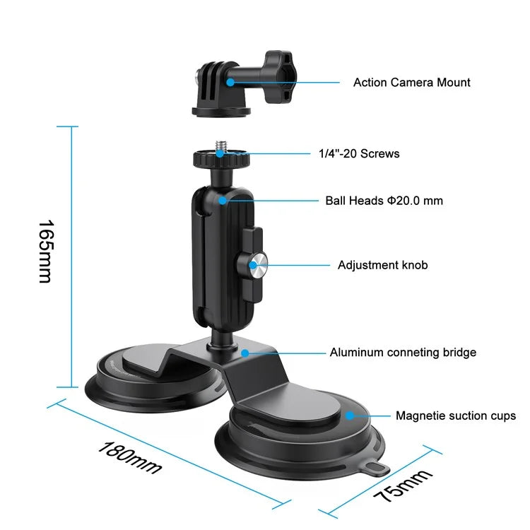 K03-2 For Insta360 / GoPro Action Camera Bracket Magnetic Dual Suction Cup Rotatable Camera Stand
