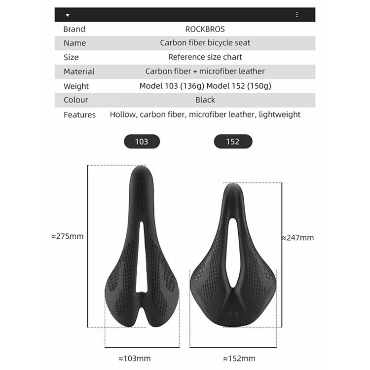 ROCKBROS Microfiber Leather+Carbon Fiber Bike Seat Saddle Breathable Bicycle Seat Cushion