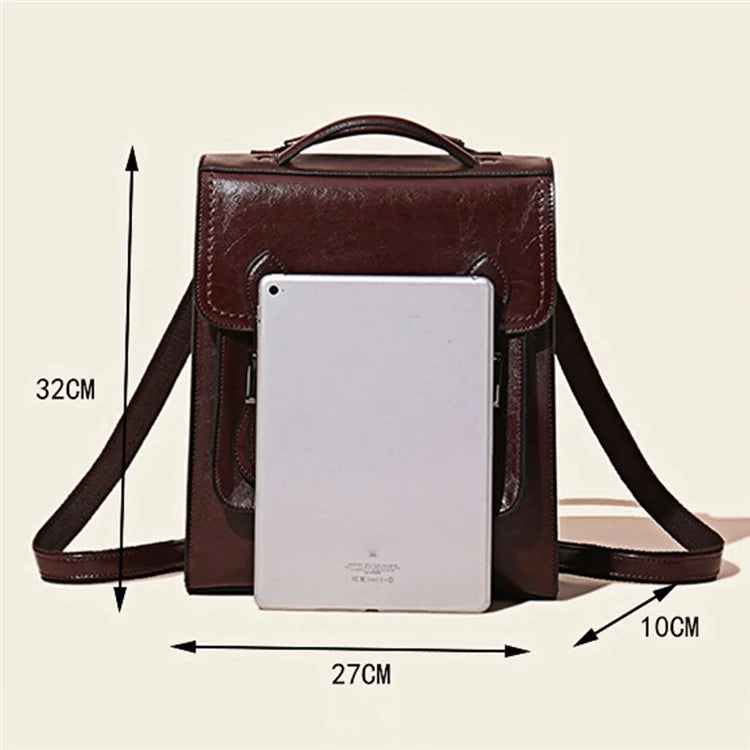 2766 Waxy Cowhide Leather Women Backpack Solid Color Rucksack with Tote Handle