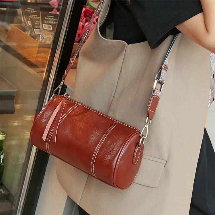 5686 Fashion Barrel Shape Cowhide Leather Shoulder Crossbody Bag for Women