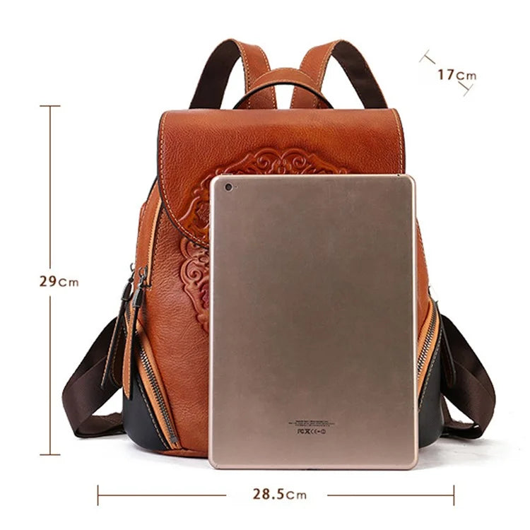 8098 Ethnic Style Cowhide Leather Backpack Men Women Travel Dual Shoulders Bag