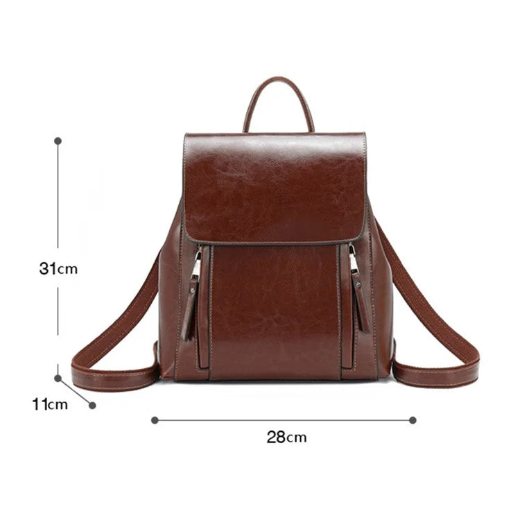 586 Retro Women Cowhide Leather Backpack Solid Color Dual Shoulders Bag