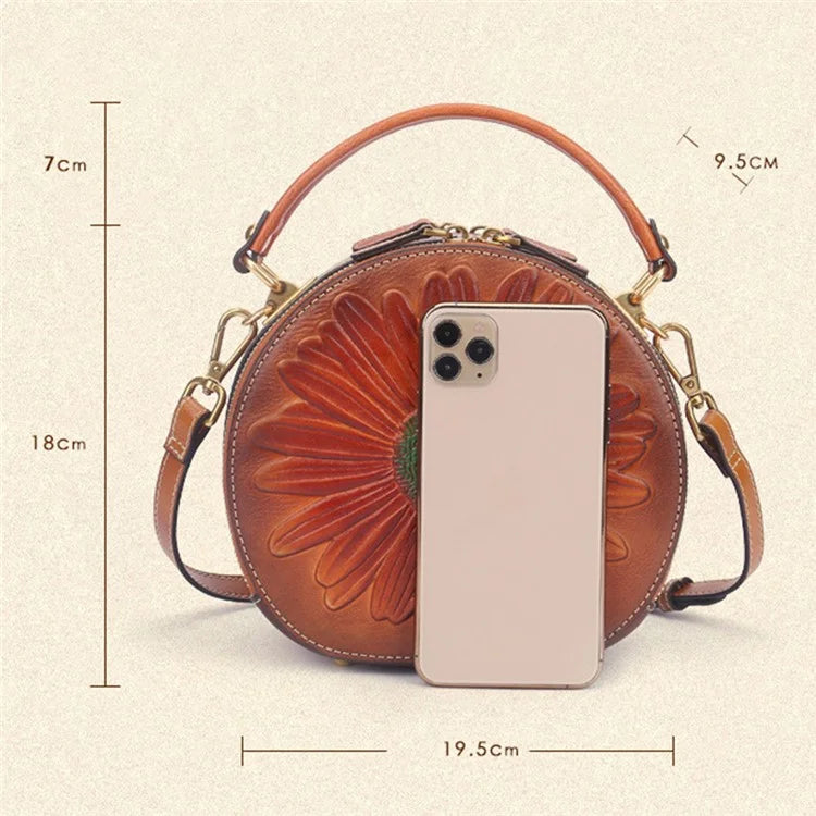 6222 Women Retro Cowhide Leather Crossbody Bag Embossment Flower Shoulder Bag Handbag