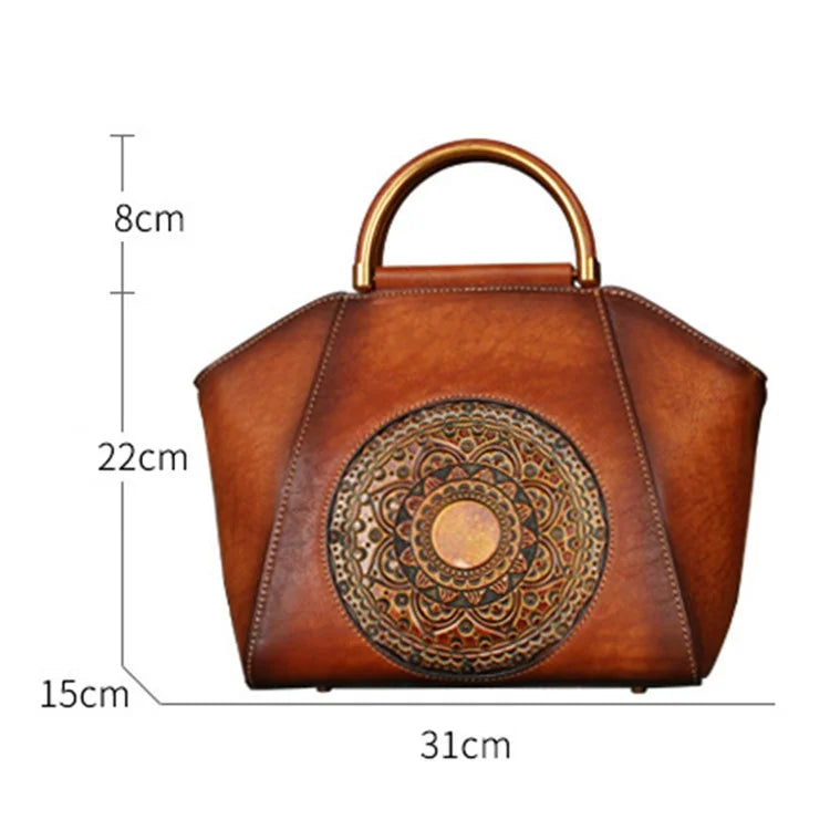S1156 Cowhide Leather Handbag Satchel Vintage Totem Shoulder Bag