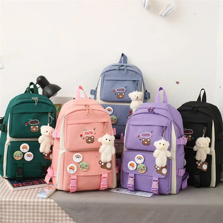 5Pcs / Set Canvas Backpack Handbag Drawstring Bag Pencil Case with Cartoon Bear Pendant