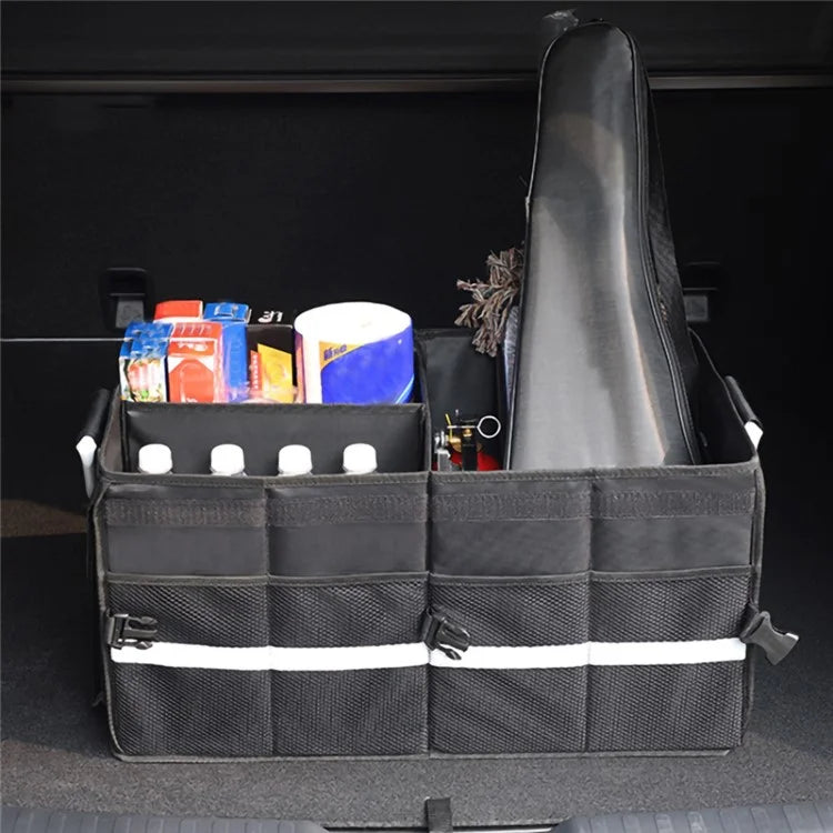 28L 1680D Oxford Cloth Car Boot Organizer with Lid Reflective Storage Bag with Carrying Handles
