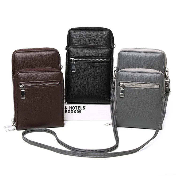 002 Double Layer PU Leather Men Zipper Wallet Cellphone Holder Small Crossbody Bag