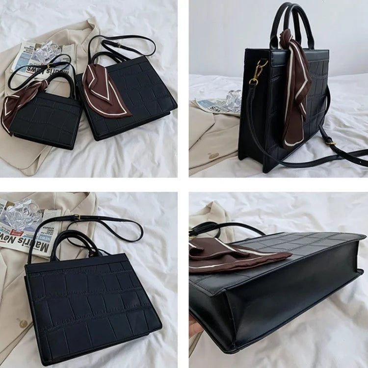 Crocodile Texture PU Leather Shoulder Bag Women Square Crossbody Tote Handbag with Scarf Decor, Size L