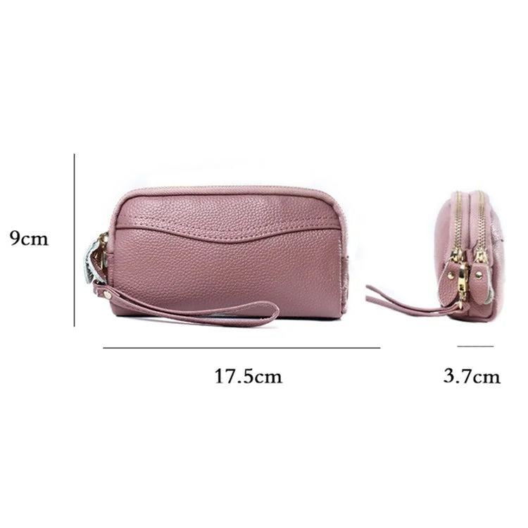 262 Double Layer Split Leather Long Purse Women Cellphone Holder Clutch with Wrist Strap