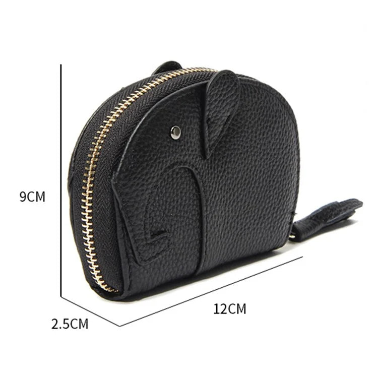 6289 Cute Elephant Design Organ Card Bag Top Layer Cowhide Leather Women Zipper Coin Purse with Tassel Zipper