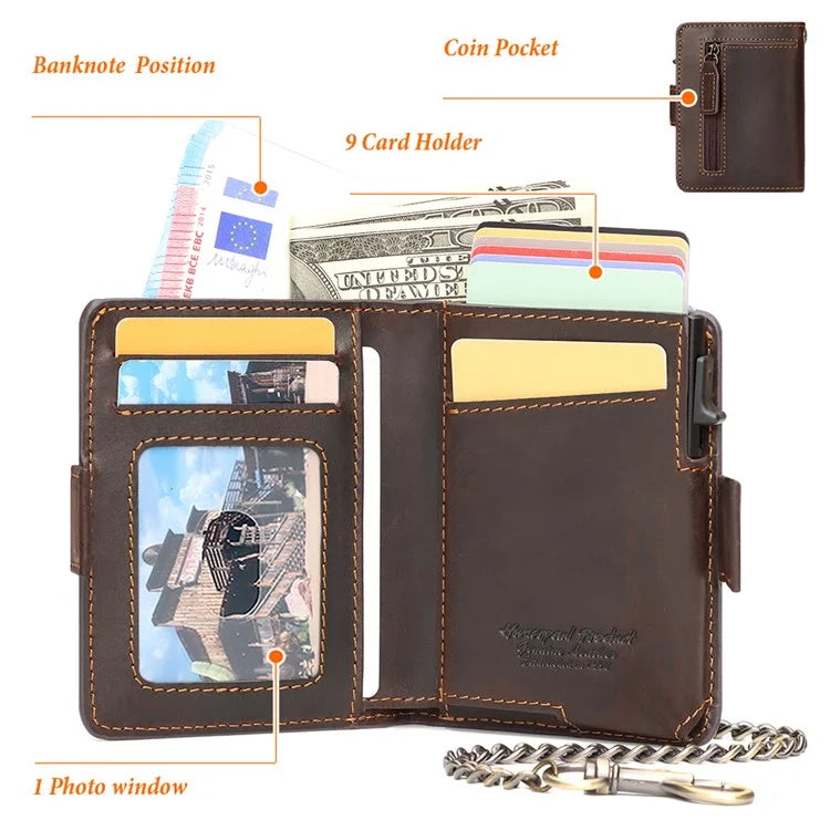 HUMERPAUL BP713 RFID Blocking Wallet Top Layer Cowhide Leather Metal Card Slot Coin Purse with Chain