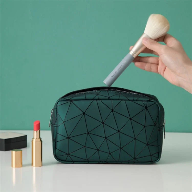 Diamond Pattern Portable Travel Zipper Toiletry Bag PU Leather Cosmetic Storage Bag
