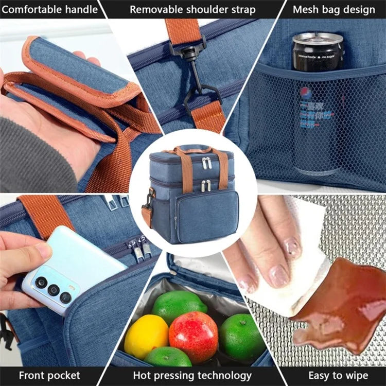 2 Layers Insulated Lunch Bag Large Capacity Food Storage Drink Cooling Handbag with Shoulder Strap