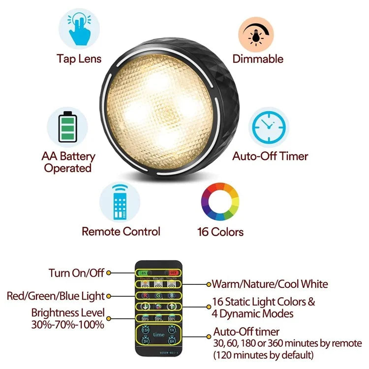 6Pcs Cabinet Bedside Round Lamp Dimmable Timing RGB LED Night Light with 2 Remote Control