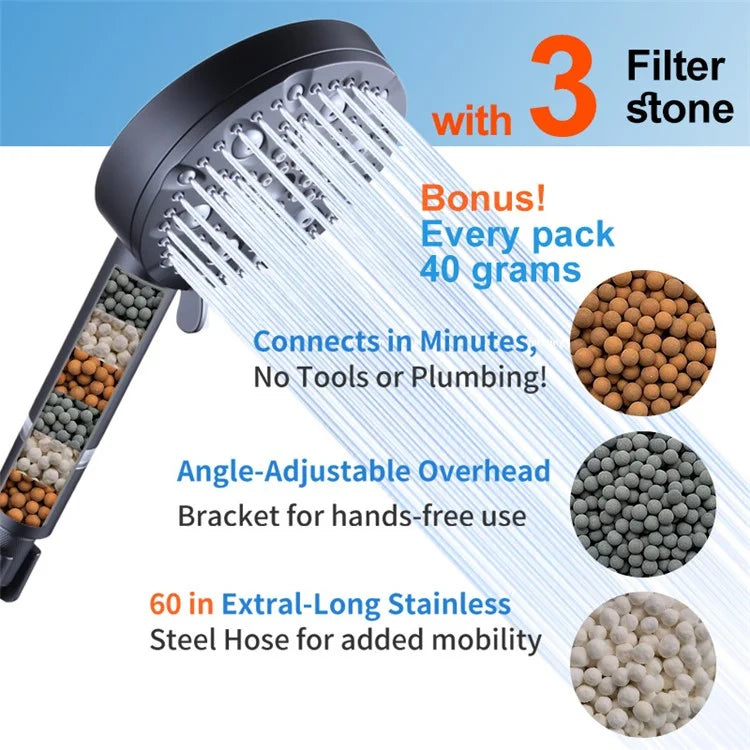 Water Saving 10 Modes Handheld Filter Shower Head with Stainless Steel Hose, Matte Black