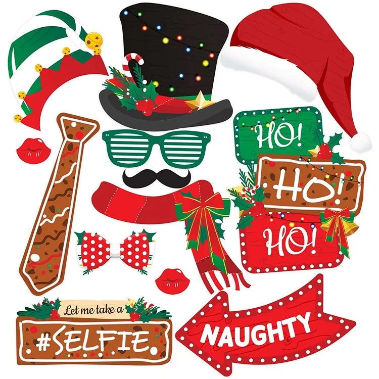 38Pcs / Set Christmas Photo Props Kit Santa Hat Lips Beard Glasses Birthday Party Supplies