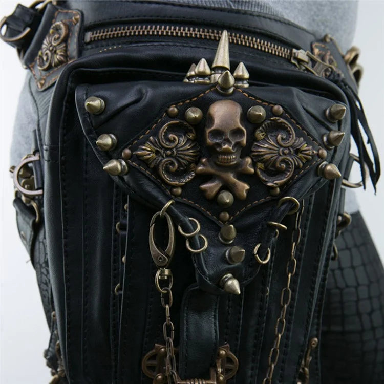 HG061 PU Leather+Metal Punk Waist Bag Tactical Drop Leg Bag Cycling Pack Hip Bag Shoulder Crossbody Bag