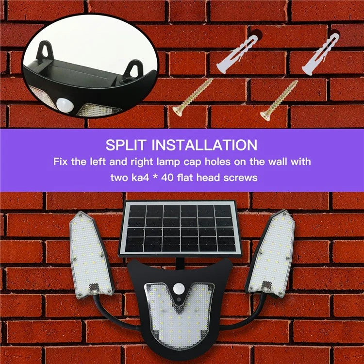 Independent Solar Panel 3-Head LED Wall Lamp PIR Human Body Sensing Villa Garden Yard Light
