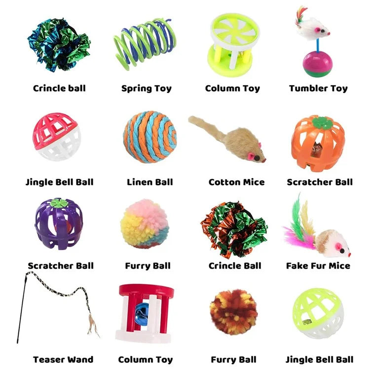 20Pcs / Set Cat Toys Set with Collapsible Rainbow Tunnel Interactive Cat Feather Mouse Crinkle Balls Toy