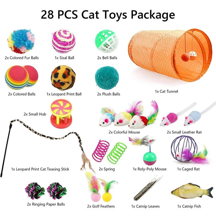 28Pcs / Set Cat Toys Set with Orange Tunnel Interactive Cat Toy Feather Fish Mouse Crinkle Balls