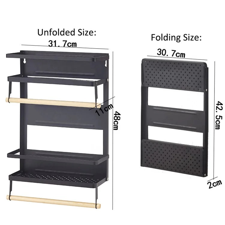 Carbon Steel Storage Rack Fridge Magnetic Folding Shelf with Wooden Rod, Size L