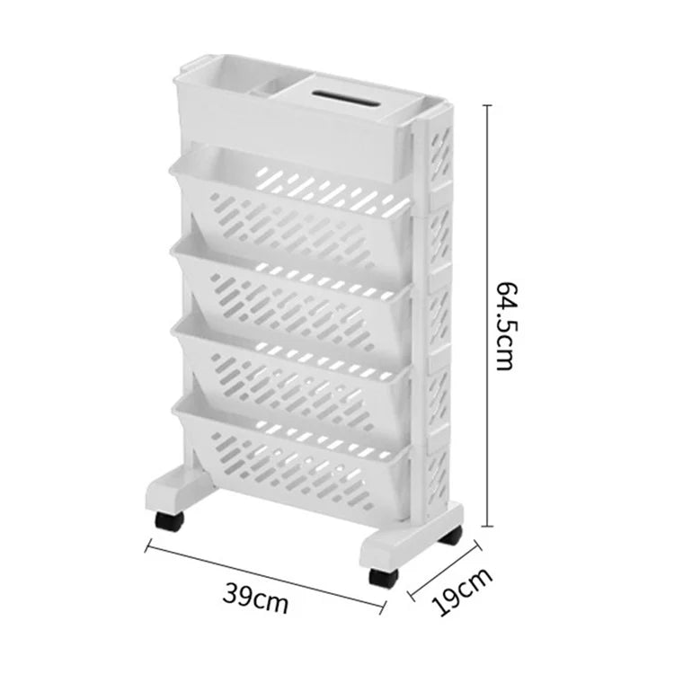 5-Tier Plastic Book Shelf with Wheels Tissue Box Design Hollow Storage Trolley