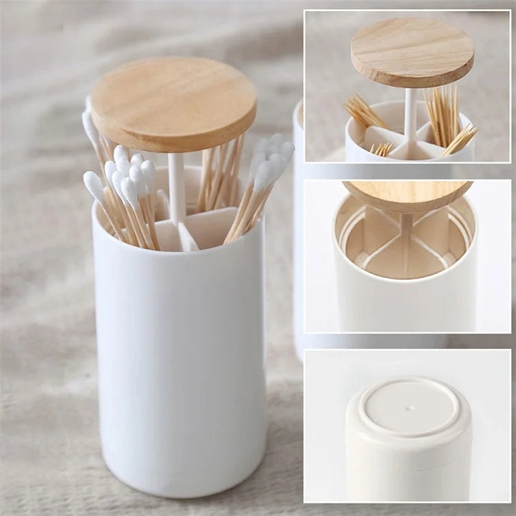 Hand Press Toothpick Dispenser Box PP+Beechwood Cotton Swabs Holder Can