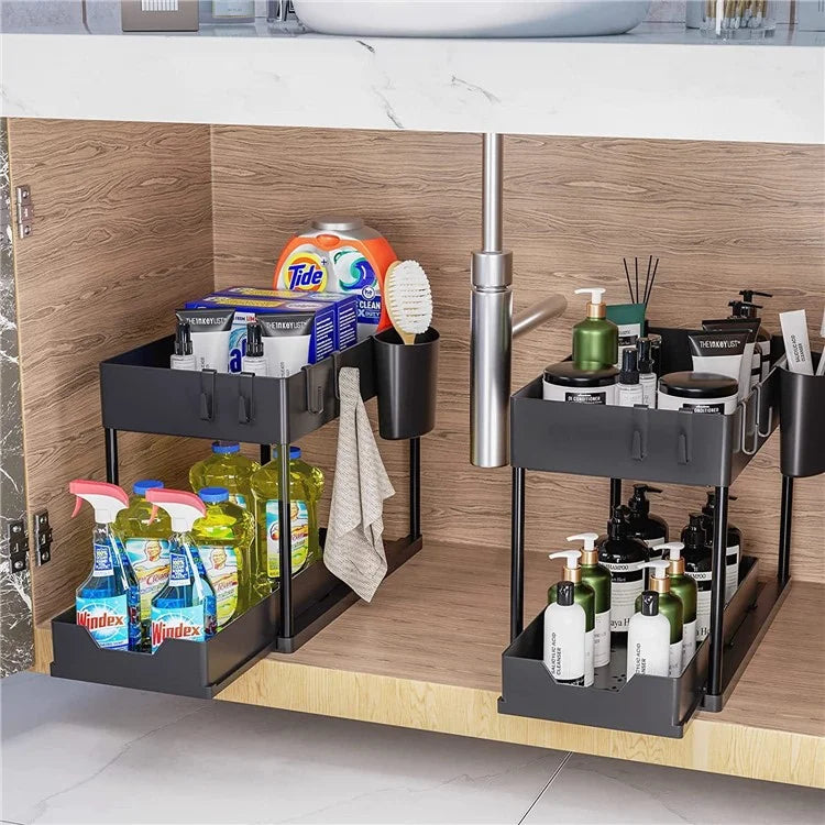 2Pcs Multi-Function Pull-Out Storage Rack PP+Metal Double Layer Shelf + Chopstick Holder