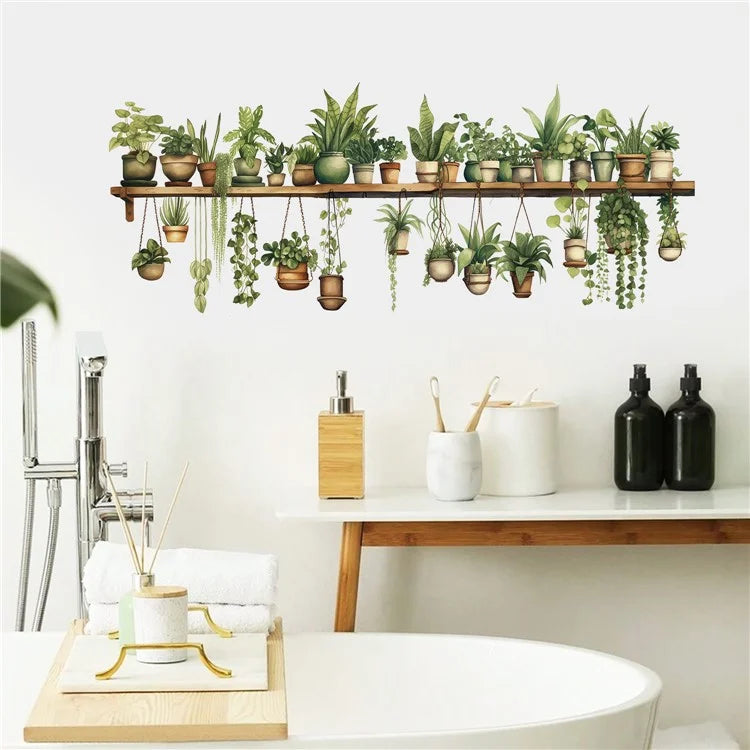 Green Plants Wall Sticker Potted Plants Leaves PVC Wall Decals for Living Room Bedroom