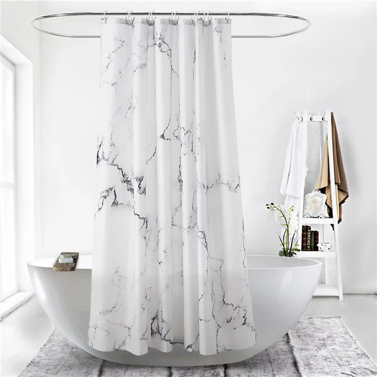 150x180cm Shower Curtain Marble Print Pattern Washable Bath Curtain with 12 Hooks