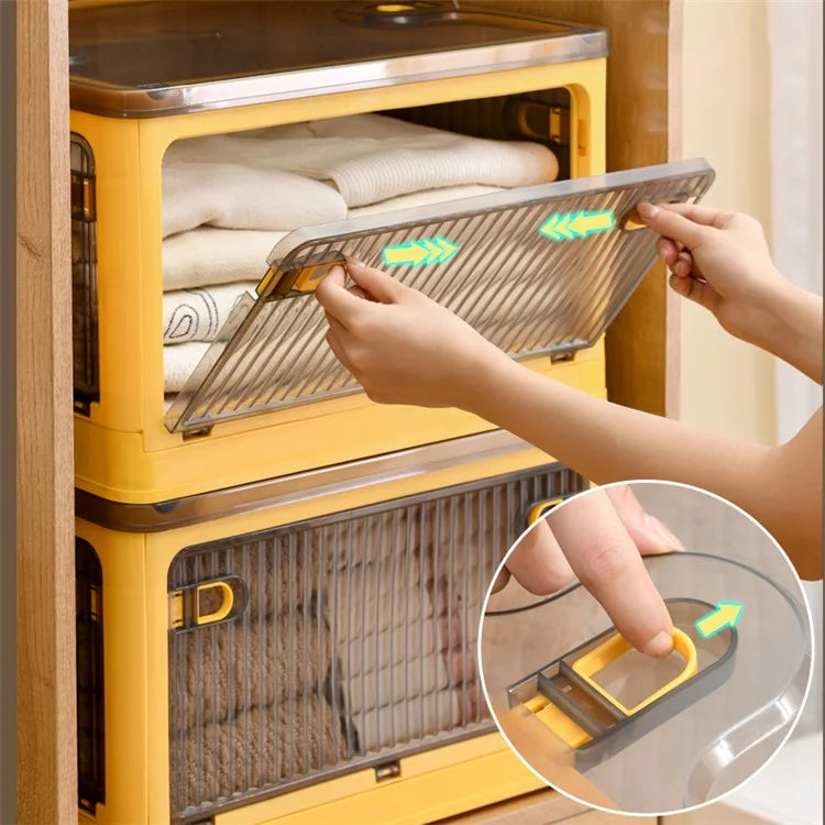 28L Folding Plastic Storage Bin 5-Sided Door Opening Transparent Removable Pulley Stackable Box, Size S