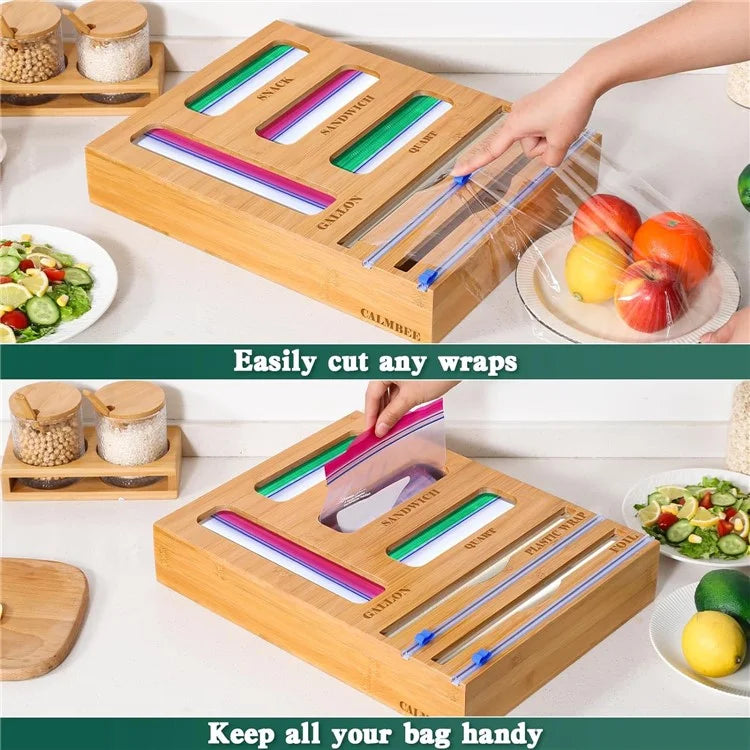 9 in 1 Kitchen Plastic Wrap Cutting Box Food Storage Bags Bamboo Dispenser Box