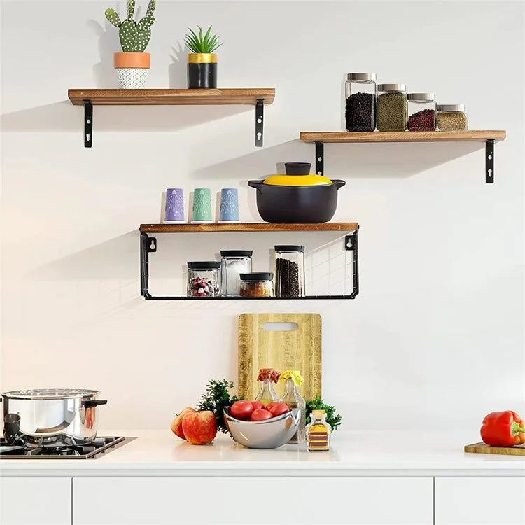 3Pcs / Set Wall-Mounted Storage Rack Iron Wire Basket Wooden Rack Kitchen Spice Potted Plants Shelf