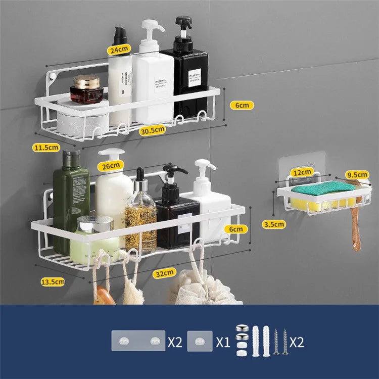 001- L02 3Pcs Wall Mounted Shower Caddy Storage Rack Shelf Organiser No Drilling / Drilling