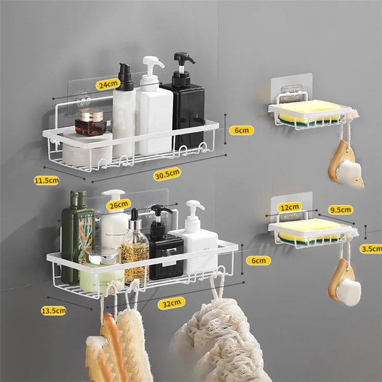 001- L02 4Pcs Shower Shelf Rack Set No Drilling Adhesive Bathroom Organiser with Soap Holder