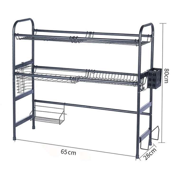 001- ZJ-LSJ1 65cm 2 Tiers Dish Drying Rack Stainless Steel Over Sink Drainer Rack Cutlery Holder