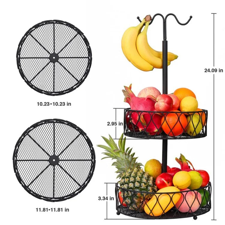 001-ZJG-LC02 Fruit Storage Rack Iron Basket Double-layer Snack Fruit Plate with Banana Hanging Rod (BPA-free, No FDA Certification)